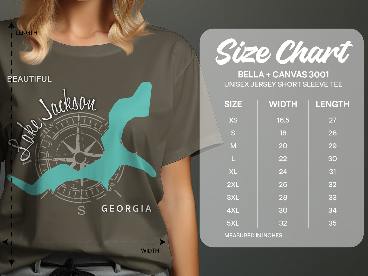 T-shirt size chart for Bella + Canvas 3001, with Lake Jackson graphic.