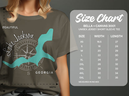 T-shirt size chart for Bella + Canvas 3001, with Lake Jackson graphic.