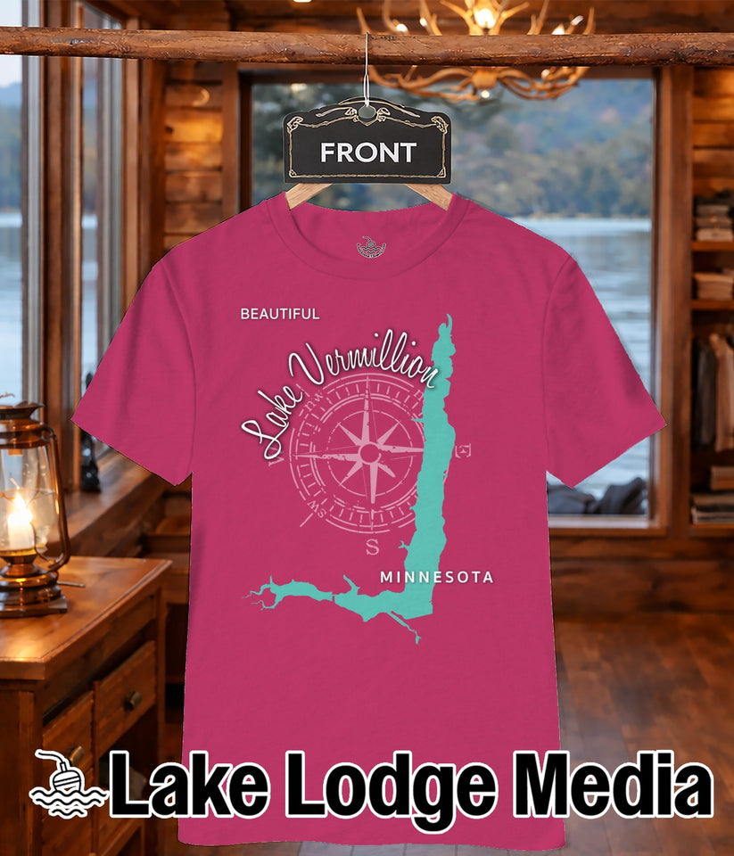 Pink t-shirt with "Lake Vermillion Minnesota" graphic and compass rose.