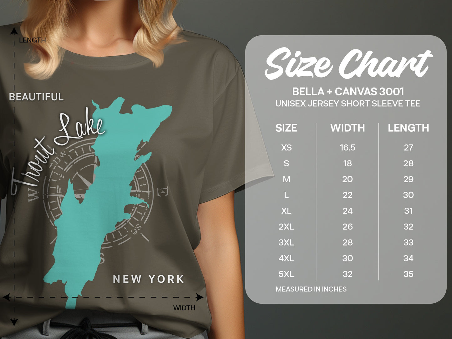T-shirt size chart for Bella + Canvas 3001 Unisex Jersey Short Sleeve Tee.