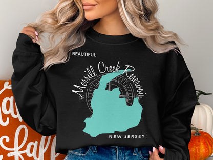 Black sweatshirt with "Merrill Creek Reservoir NEW JERSEY" text and map outline.