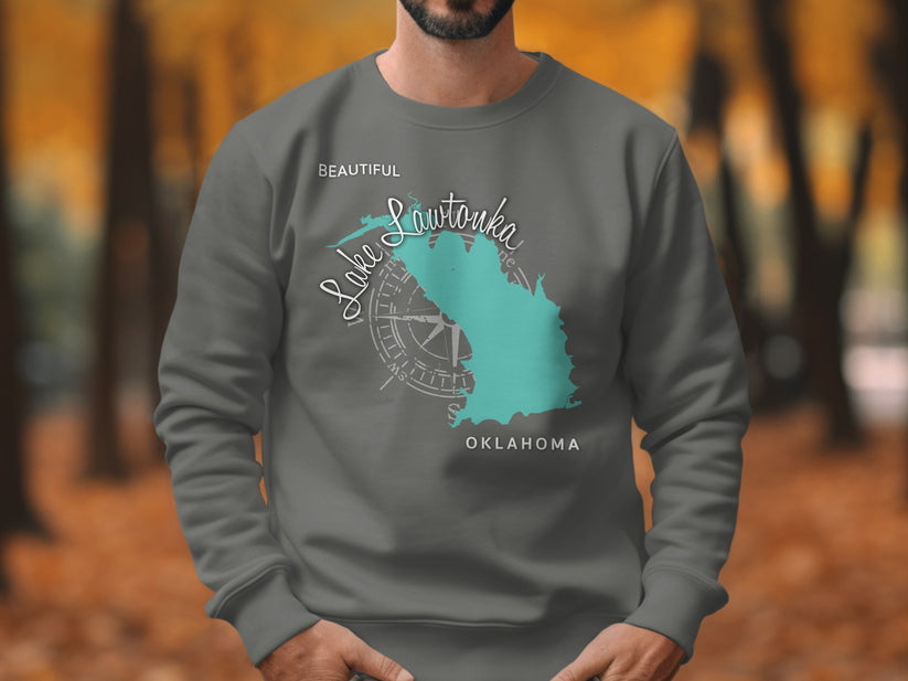 Teal Lake Lawtonka Oklahoma map graphic on gray crewneck sweatshirt.