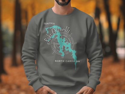 Dark gray sweatshirt with a Lake Glenville, North Carolina map design.