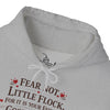 Fear Not Little Flock Hoodie with Printed Sleeves | Luke 12:32 Scripture Heart Design Bible Verse Gift | Share your faith