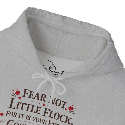 Fear Not Little Flock Hoodie with Printed Sleeves | Luke 12:32 Scripture Heart Design Bible Verse Gift | Share your faith