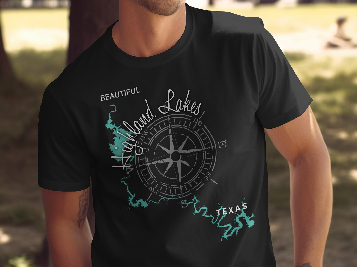 Black t-shirt with a compass and map of Highland Lakes, Texas.