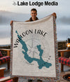 Walloon Lake Michigan map design on a woven blanket held by a man.