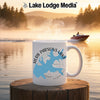 White mug with "Herb Parsons Lake Tennessee" map design, steaming, with a boat on a misty lake.