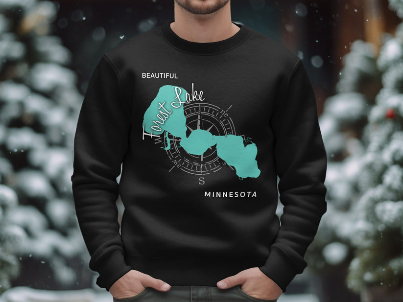 Black crew neck sweatshirt with Forest Lake map and compass design.
