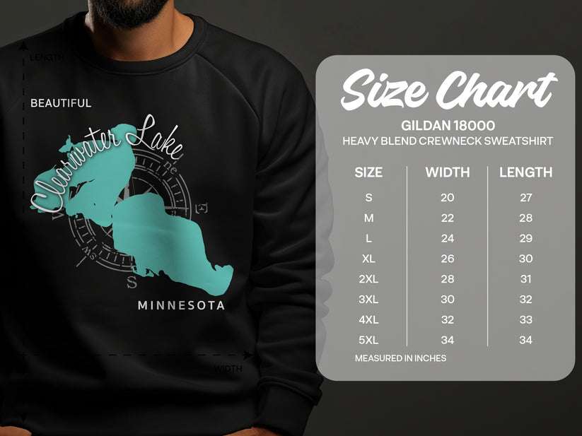 Sweatshirt with Clearwater Lake map graphic and size chart.