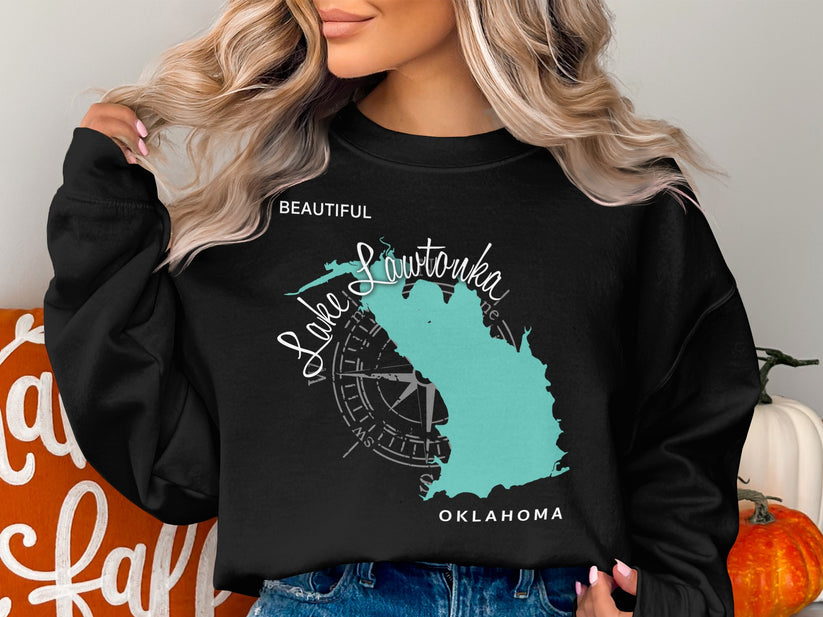 Black sweatshirt with a teal map outline of Lake Lawtonka, Oklahoma.