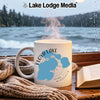 White mug with Floyd Lake, Minnesota map and compass graphic.