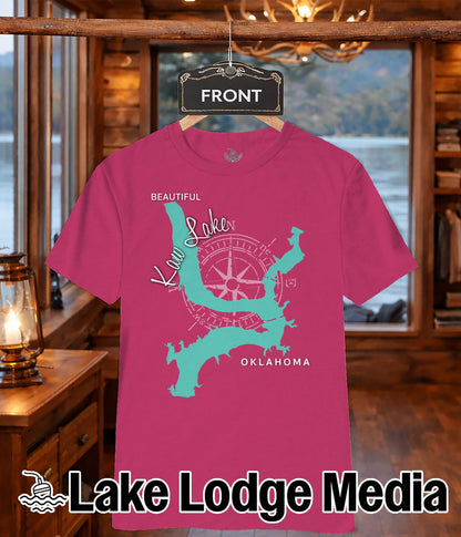 Pink t-shirt with a teal map of Kaw Lake, Oklahoma and compass.