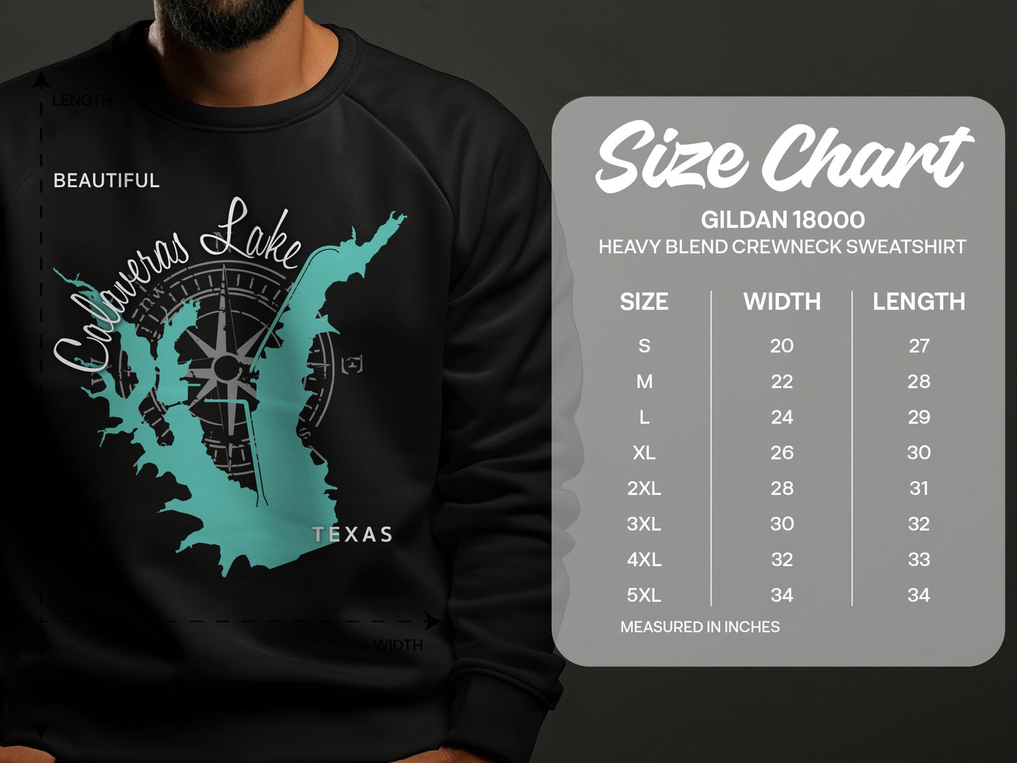 Lake Calaveras Texas map and Gildan 18000 sweatshirt size chart.