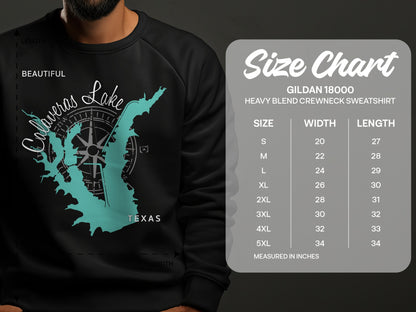 Lake Calaveras Texas map and Gildan 18000 sweatshirt size chart.