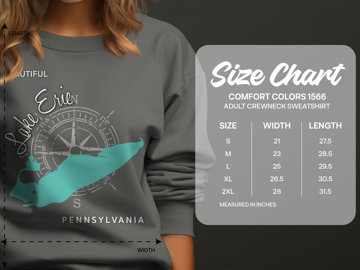 Size chart for Comfort Colors 1566 adult crewneck sweatshirt.