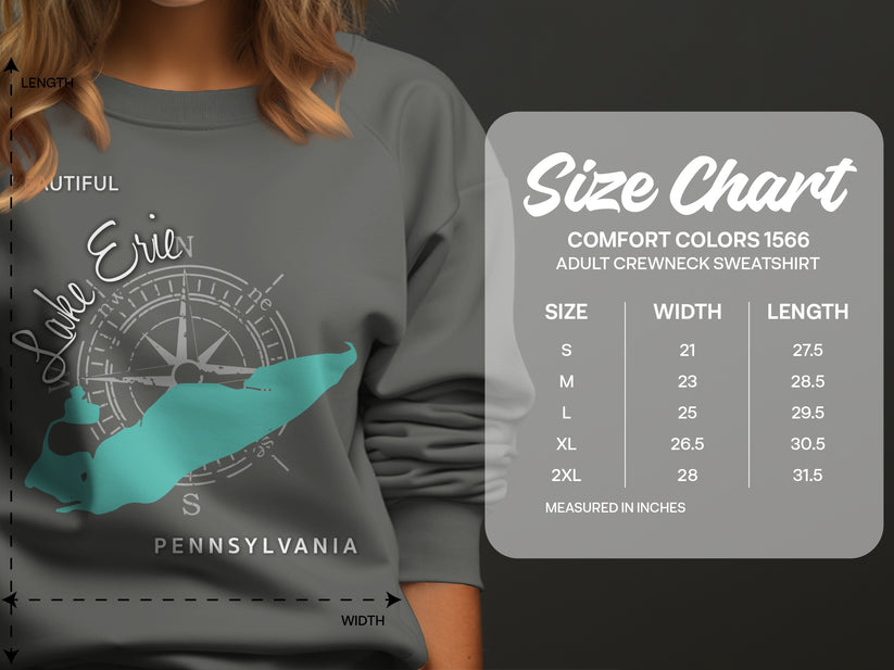 Size chart for Comfort Colors 1566 adult crewneck sweatshirt.