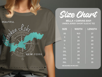 Ashokan Lake New York design on a gray t-shirt, with a size chart.