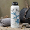 White water bottle with "GREESON" and blue lake outline map on compass rose.