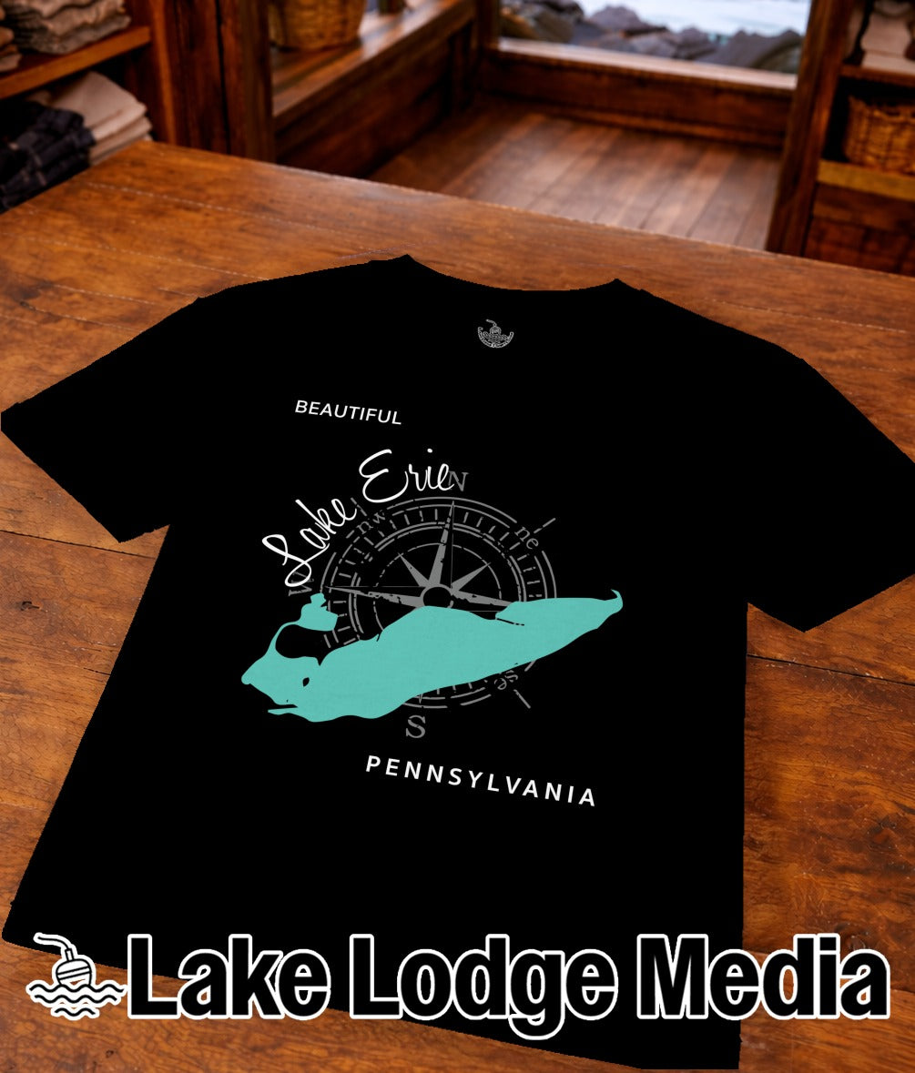 Black t-shirt with a compass and map of Pennsylvania's Lake Erie shoreline.