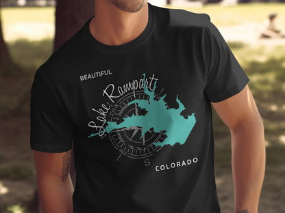 Black t-shirt with "Lake Rampart Beautiful Colorado" and compass design.