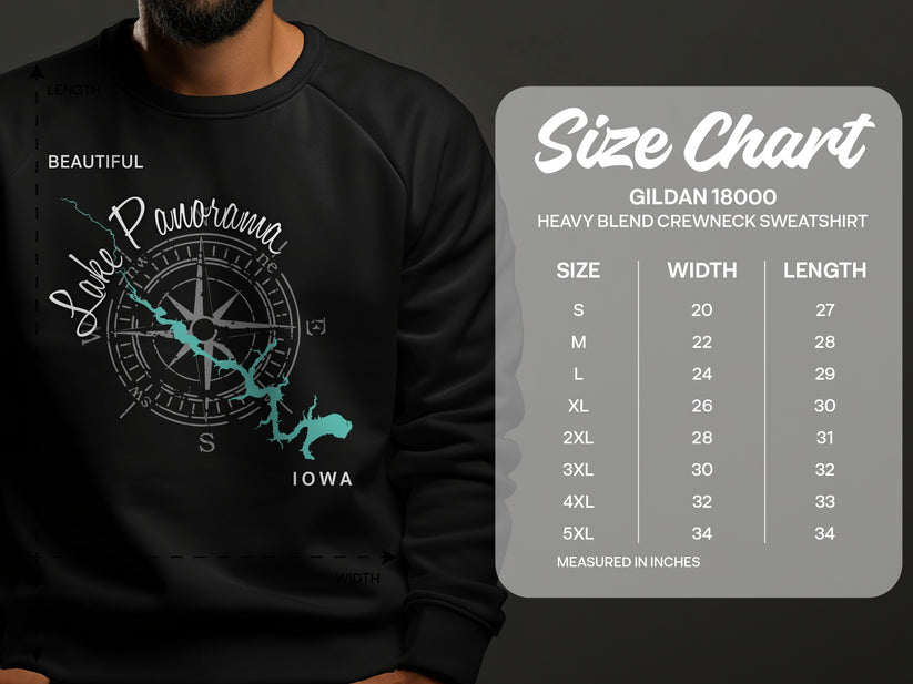 Crewneck sweatshirt with Lake Panorama Iowa compass design and size chart.