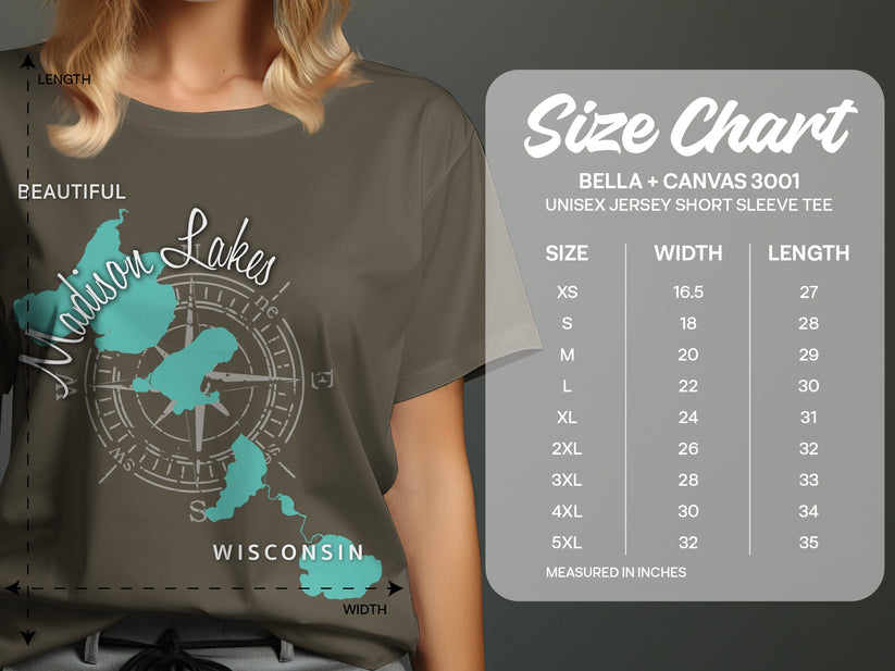 T-shirt size chart for Bella + Canvas 3001 unisex tee.