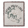 Woven blanket with green map of Green River Lake, Kentucky, and compass design.
