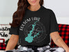 Black t-shirt with Folsom Lake California compass graphic and map.