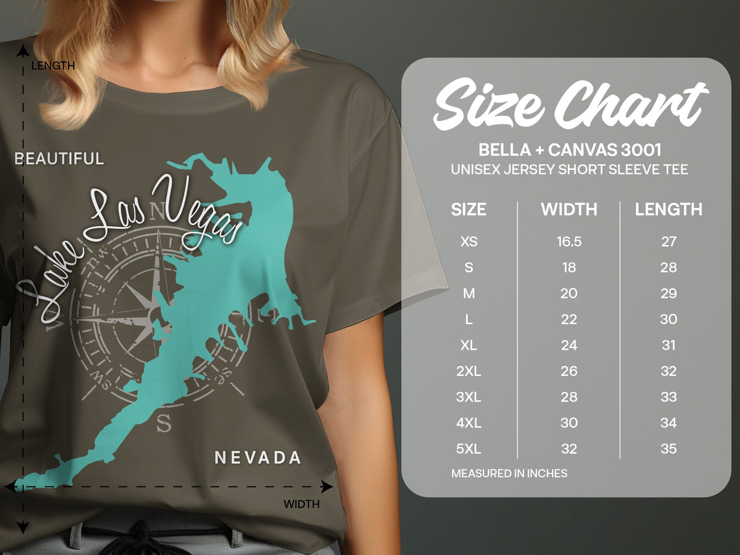 Bella + Canvas 3001 unisex t-shirt size chart with measurements.