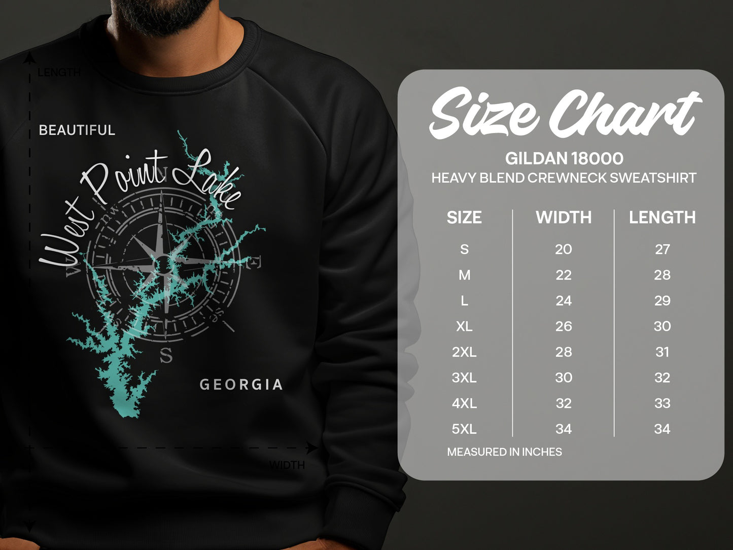 Crewneck sweatshirt size chart with West Point Lake graphic.