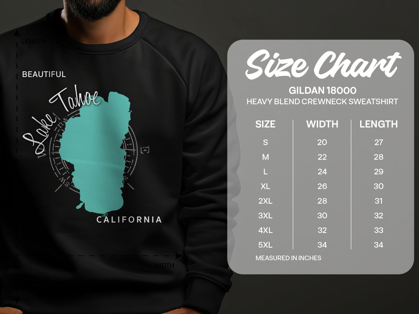 Gildan 18000 sweatshirt size chart with Lake Tahoe graphic.