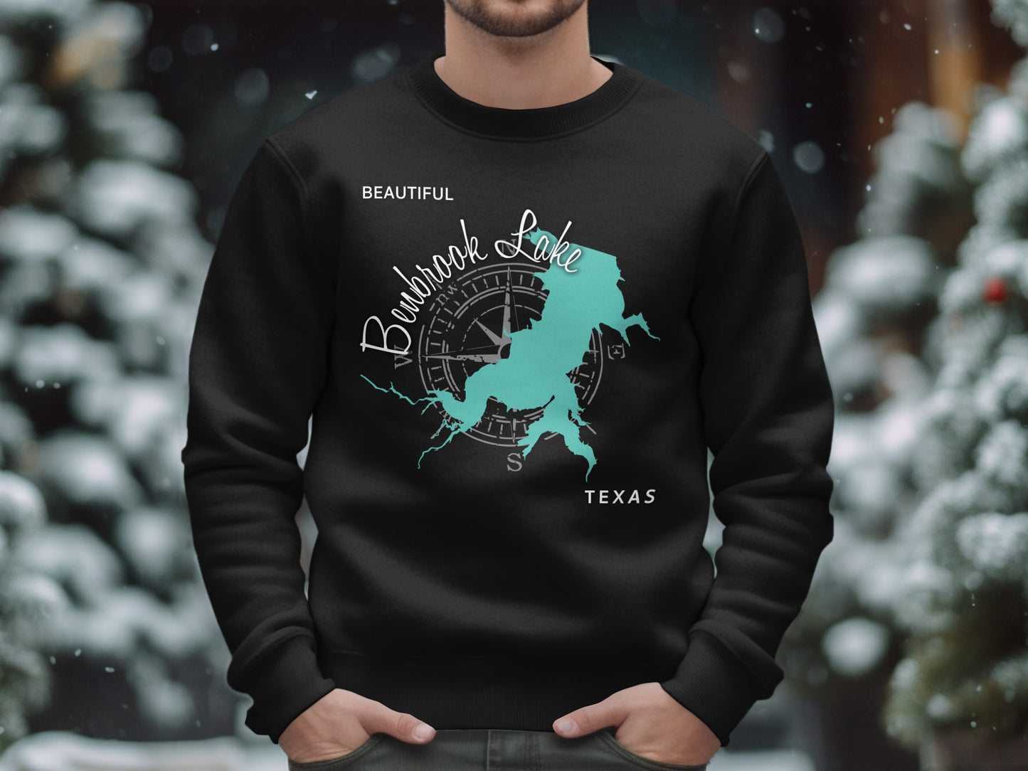 Black sweatshirt with a teal map of Lake Buchanan, Texas, and compass rose design.