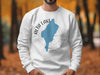White sweatshirt with Alta Lake Washington map and compass design.