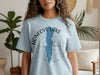 Light blue t-shirt with Honeoye Lake and compass design, New York.