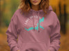 Pink hoodie with a white compass graphic and turquoise Lake Jackson, Georgia outline.