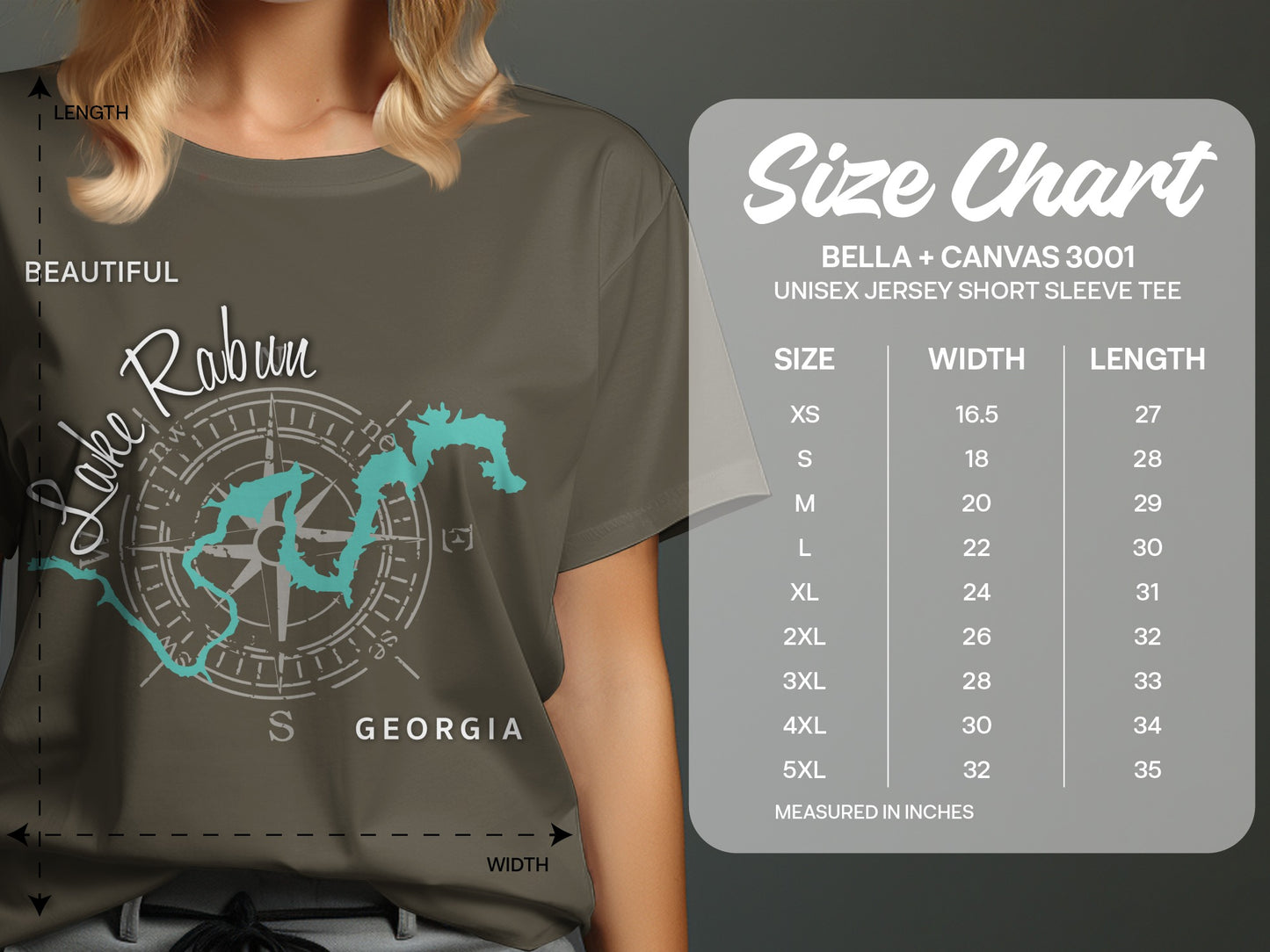 Lake Rabun Georgia t-shirt with compass rose and size chart.