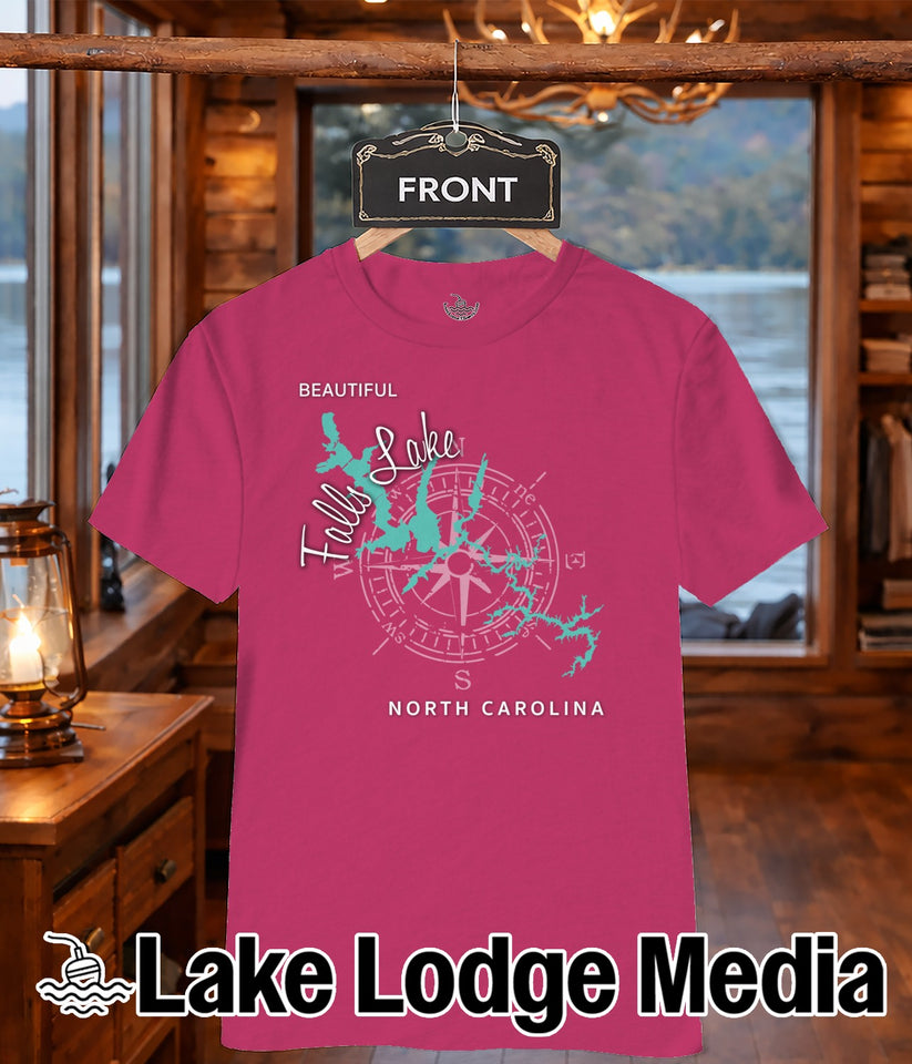 Pink t-shirt with "Falls Lake North Carolina" graphic and compass rose.