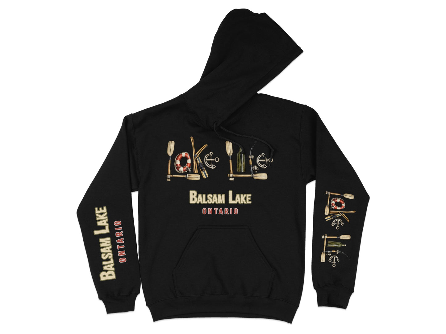 Black hoodie with "Balsam Lake Ontario" and nautical graphics on front and sleeves.