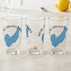 Three clear glasses featuring blue map of Rose Canyon Lake, Arizona and compass rose.