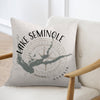 Pillow with Lake Seminole Georgia map, compass, and text.