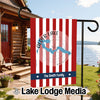 Garden flag with red and white stripes, Alder Lake map, and "The Smith Family" text.