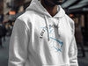 White hoodie with Lake Sonoma California map and compass design.