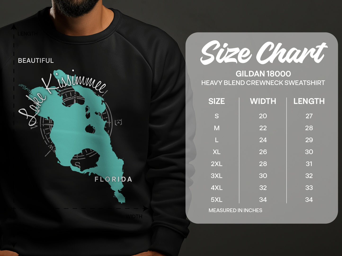 Lake Kissimmee Florida graphic on black sweatshirt with size chart.