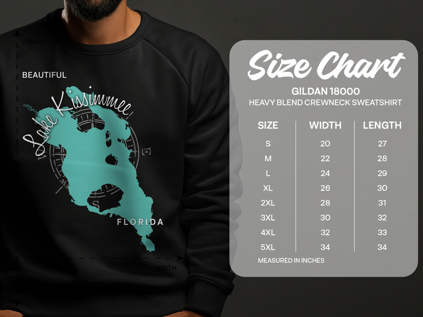 Lake Kissimmee Florida graphic on black sweatshirt with size chart.