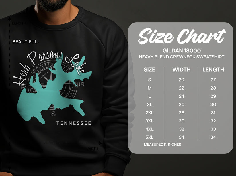 Crewneck sweatshirt with Parsons Lake map and size chart.