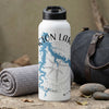 White water bottle with blue lake map and compass graphic, text reads "KTON LAKE MISS"