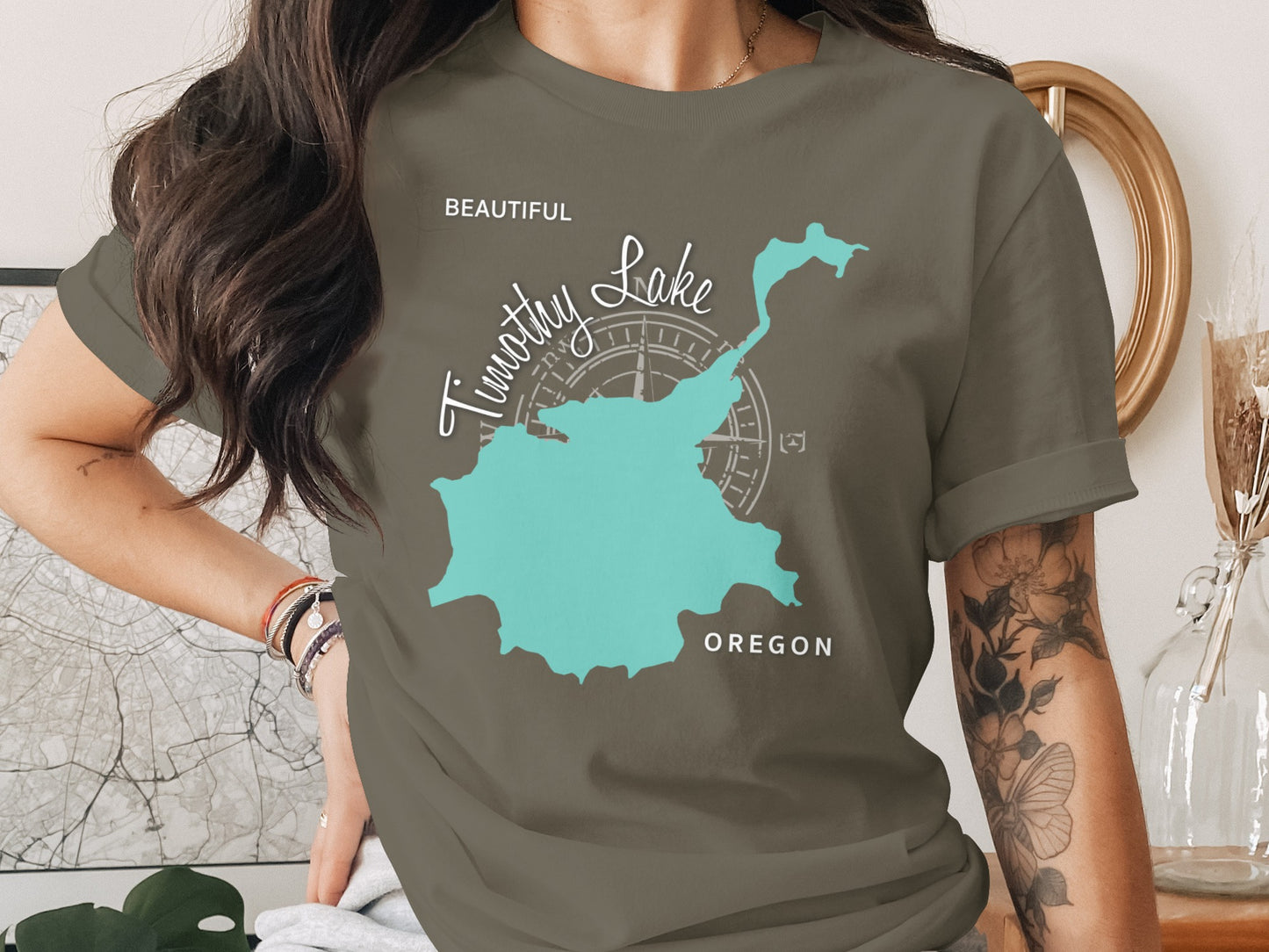 Turquoise map of Timothy Lake, Oregon on a grey t-shirt.