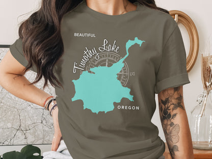 Turquoise map of Timothy Lake, Oregon on a grey t-shirt.