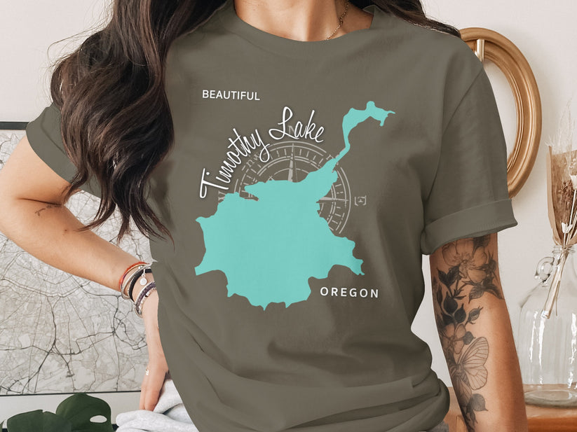 Turquoise map of Timothy Lake, Oregon on a grey t-shirt.
